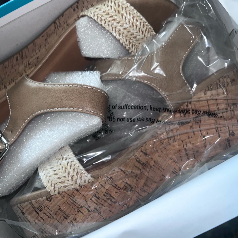 Tan Cork Wedge Shoes with Braided Straps
